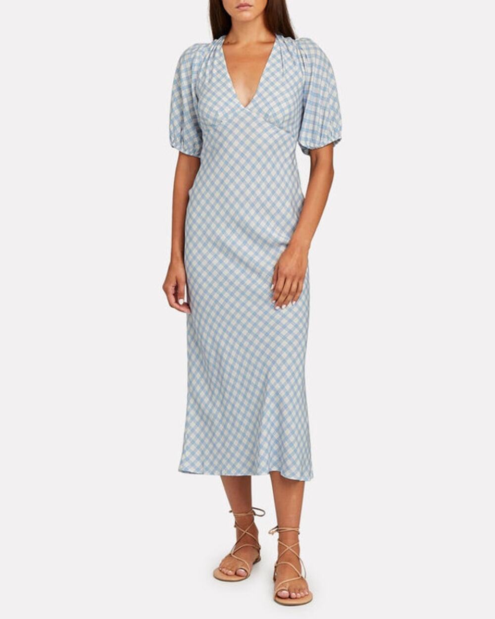 RIXO Blue White Checkered Steph Crepe Tie Back Puff Sleeves Midi Dress Size 10